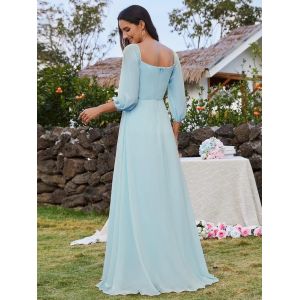 Plus Size Ruffled Long Sleeve High Slit Off-shoulder High Slit Sky Blue Chiffon