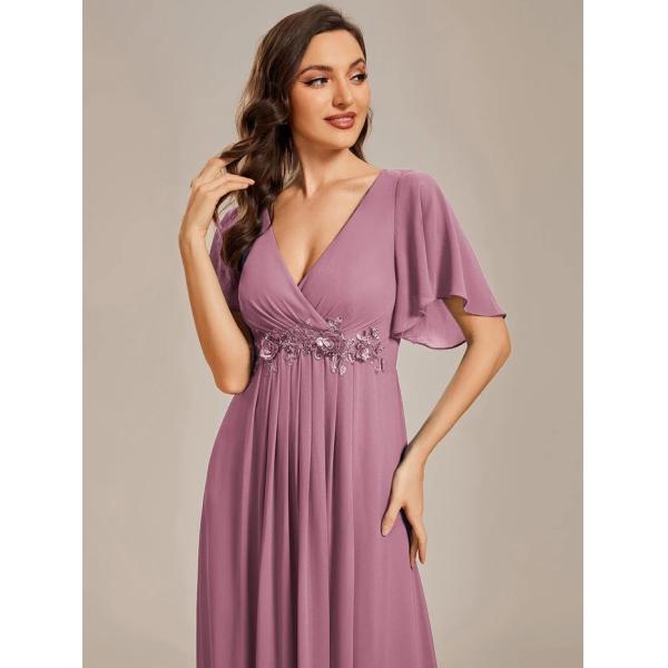 Sexy Empire Applique A-line Short Flutter Sleeves V-neck Invisible Zipper Purple Orchid Chiffon Bridesmaid Dress