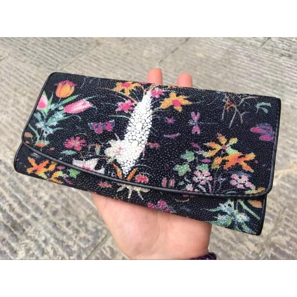 Authentic Stingray Skin Female Long Flower Trifold Wallet Genuine Leather Lady Large Clutch Bag Women Floral Coin Purse