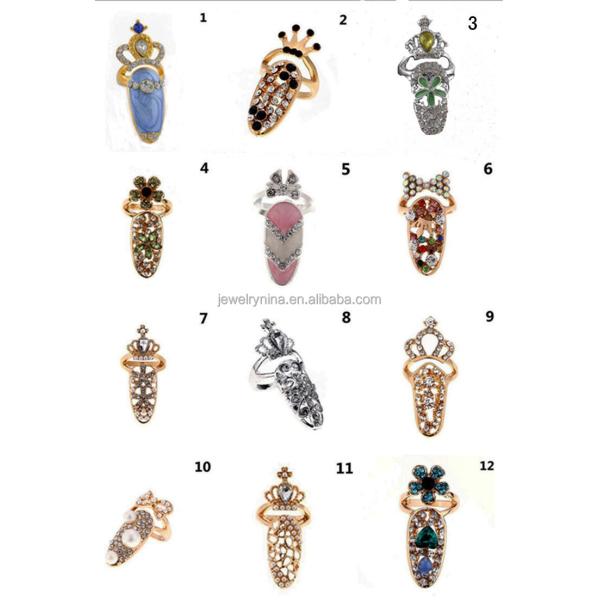 Fashion Jewelry Rhinestone Fingernail Protective Bowknot Nail Ring Charm Crown Flower Crystal Finger Nail Rings For Women AP455