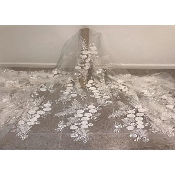 Buy Off White Mesh 3D Flower Embroidery Beaded Lace Fabric 50" Wide 1 Yard at wholesale prices