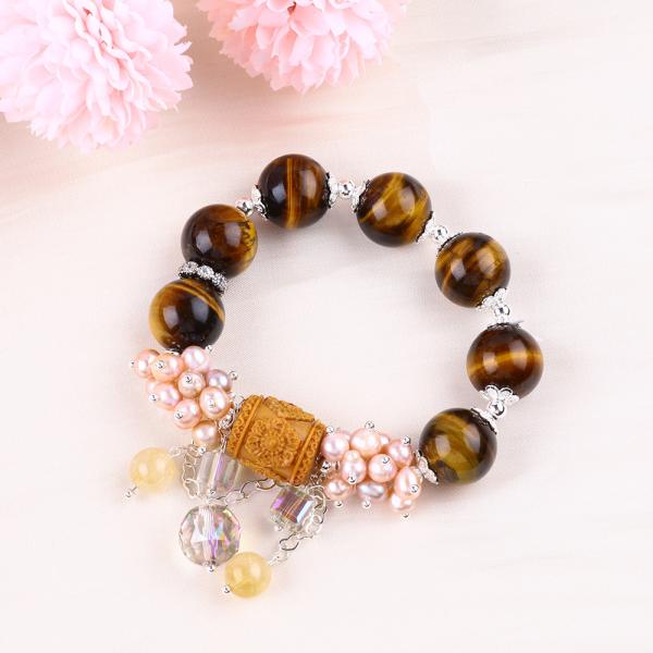 Natural 14MM Gorgeous Tiger Eye And Flower Fresh Water Pearl With Dangle Chain Bead Bracelet
