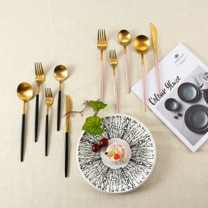 China Kitchen Matte Gold Silverware Set With Black Handle on sale