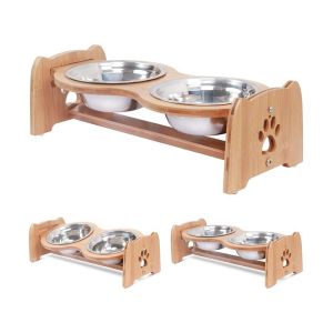 Quality 3l Capacity Raised and Elevated Bamboo Pet Feeder with Adjustable Bowls for sale
