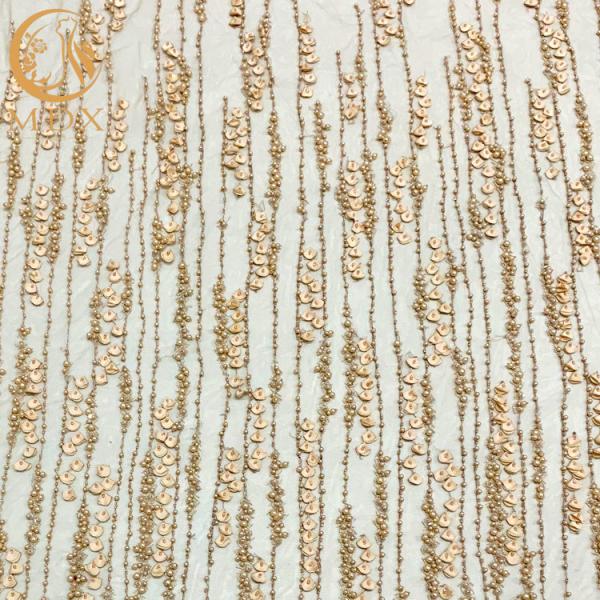 Buy Wedding Dress 3D Flower Embroidery Lace Fabric With Heavy Beads at wholesale prices