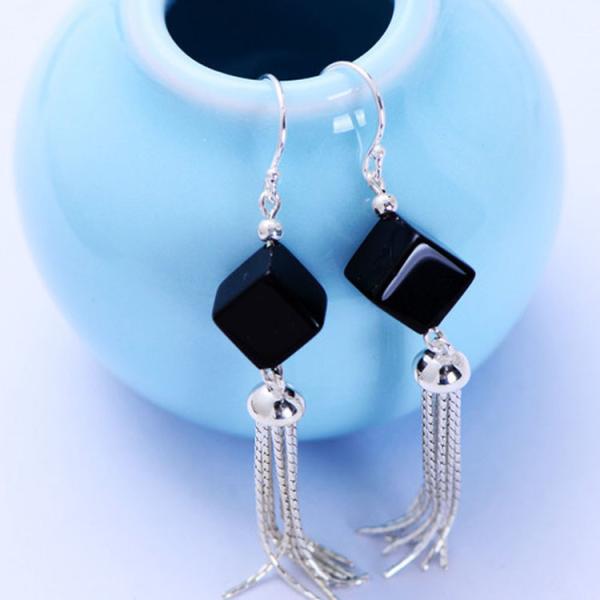 Square Black Onyx 925 Silver Tassels Drop Earrings(XH057072W)