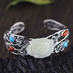 Women 925 Sterling Silver Sculptured White Jade Cuff Bracelet(059489)