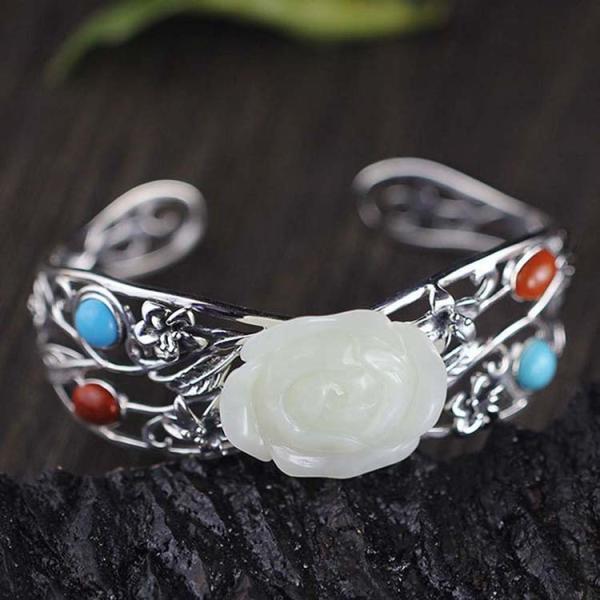 Women 925 Sterling Silver Sculptured White Jade Cuff Bracelet(059489)