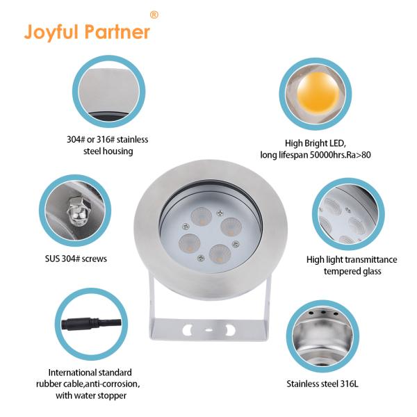 Stainless Steel LED Underwater Light IP68 DC12V 24W Warm White 3000K For Fountain