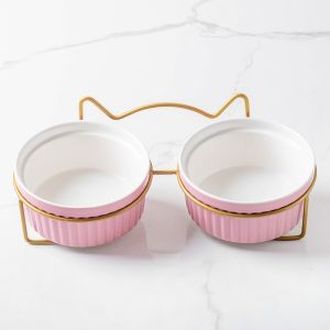 Ceramic Double Bowl Water Bowl High Foot Cat Food Bowl Drinking Bowl Pet Bowl