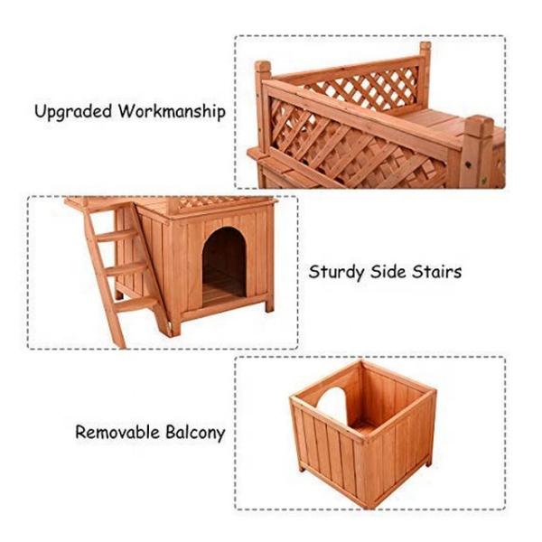 Puppy Dog Wooden Pet House Shelter With Stairs Balcony Indoor Outdoor
