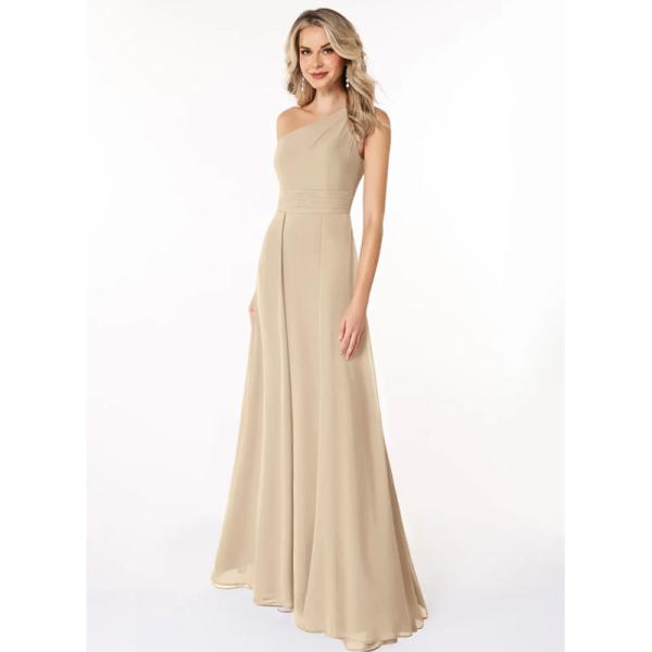 Popular A-Line One-Shoulder Chiffon Floor-Length Bridesmaid Dress Champagne Sleeveless Side Zip Pleated