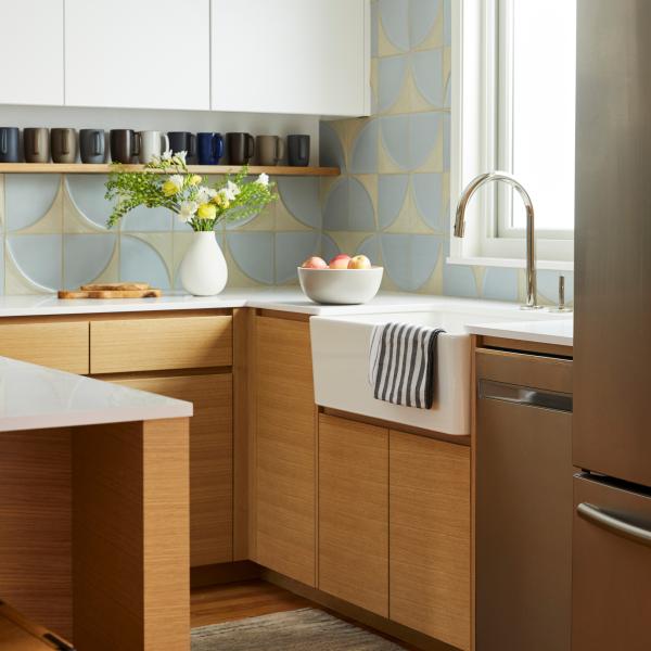 L Shaped Mealmine Kitchen Cabinet White And Beige With Pantry Island Sink