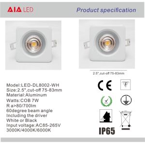 7W waterproof IP65 Round recessed aluminum COB dimmable LED down light for hotel