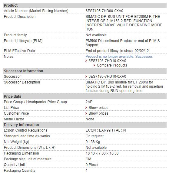 6ES7195-7HD00-0XA0 6ES7 195-7HD00-0XA0 Siemens Bus Module