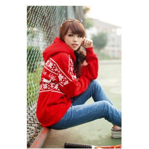 Long Sleeve Women / Ladies Hooded Sweatshirts , Red / White