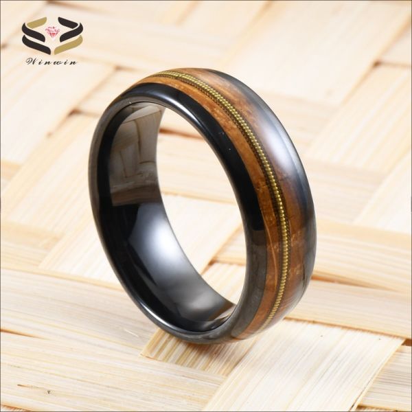 Buy Custom 8mm Black Tungsten Carbide Ring with Polished Finish and Whiskey Barrel Wood Gold Guitar String Inlay in All Sizes at wholesale prices