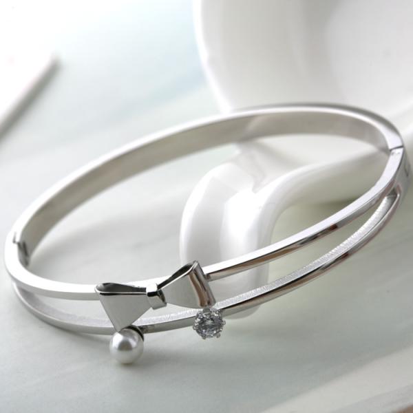 Beautiful Bowknot Women Bracelet Jewelry , Stainless Steel Diamond Bangle,Pearl
