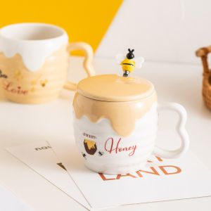 Cartoon Bee Ceramic Coffee Mug With Lid Pottery Office Breakfast Cup Porcelain