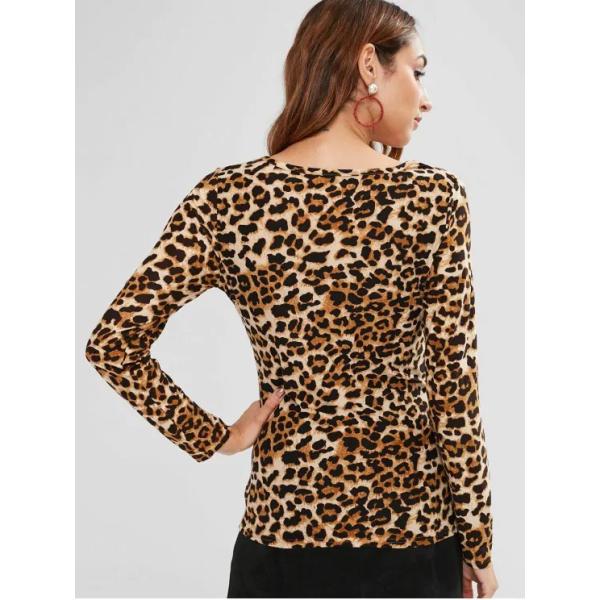 Autumn Long Sleeve And V Neck Leopard Tee Tight T-shirt Women