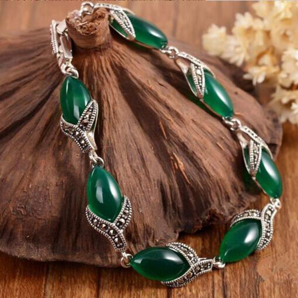 925 Silver Thailand Vintage Green Agate Women Bracelet (LB001)