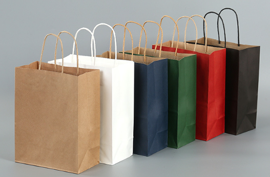 Buy Eco Kraft Multi Color Handle Bags Premium Takeout Gift Bakery Bags Packaging Custom Logo Printing at wholesale prices