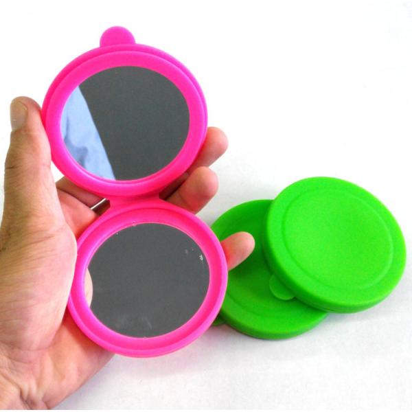 Modern Round Silicone Glass Cosmetic Double Side Fold Portable Makeup Pocket Mirror