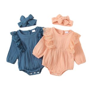 Wholesale baby summer Lace Ruffled muslin Buttons baby bodysuit with headwrap set