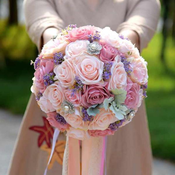 Artificial Pink Rose Flower Bouquet Home  Wedding Decorative Flowers for Bride Bridesmaid Flower Bouquets Valentines Day Gift