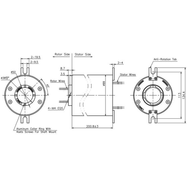 Aluminum Alloy Material Through Bore Electrical Slip Ring 250RPM Speed 52 Circuits
