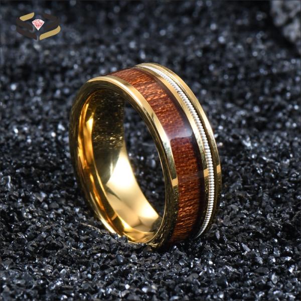 Men Flat Gold Tungsten Carbide Ring Koa Wood And Guitar String Inlayed 8mm For Party