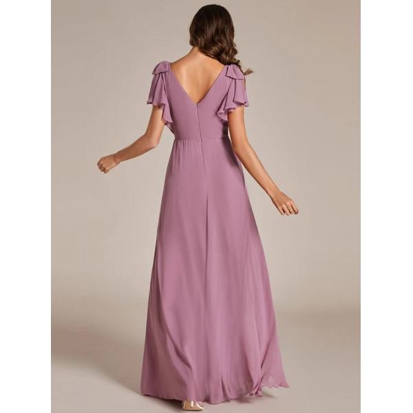 Empire Plus Size V-neck High Split A-line Short Sleeve Zipper Purple Orchid Chiffon Evening Dress