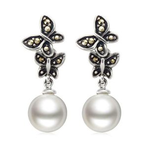 925 Silver White Simulated Shell Pearl Dangle Earrings Vintage Old Jewellry
