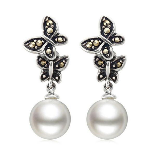 925 Silver White Simulated Shell Pearl Dangle Earrings Vintage Old Jewellry
