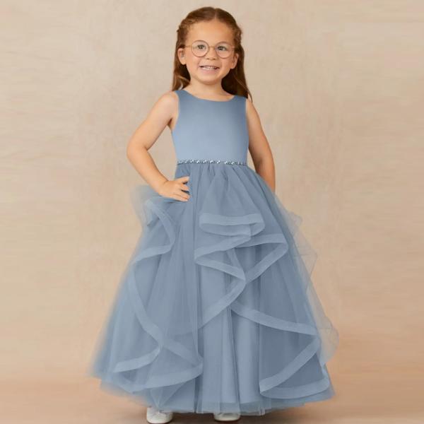 Beautiful Girl Kids Dress Blue Tulle OEM ODM Baby Flower Girl Dresses Sleeveless Round Neckline Ruffles Ball Gown Wholes