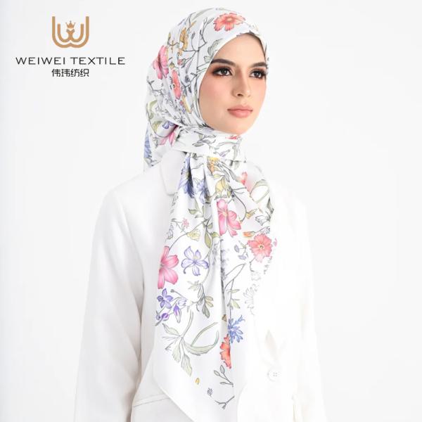 Factory Wholesale Customized Printed Logo Girl Women Shawl Square Floral Design Polyester Scarf Trendy Satin Silk Hijab Scarf