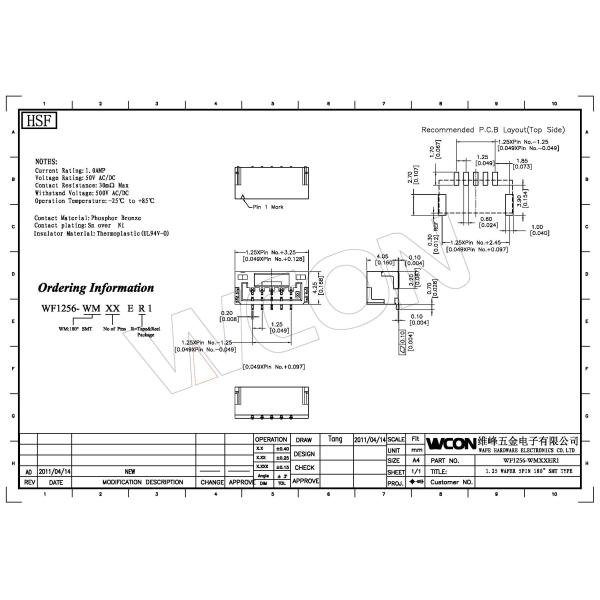 1.25mm Wafer Connector Male 5P 180° SMT Type SN Plated Reel Packing