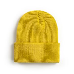 Yellow Knitted Fluorescent Beanie Bonnet Hat Cuffed Plain Skull