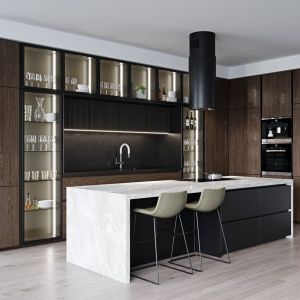 I Shape Lacquer Custom Made Wood Kitchen Cabinet With Island Waterfall Double