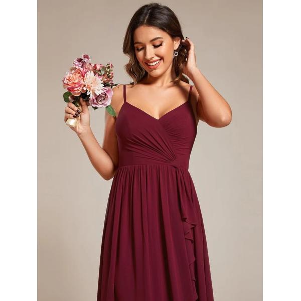 Sexy Maxi V-neck Lotus Leaf Pleating Spaghetti Strap A-line Burgundy Chiffon Bridesmaid Dress