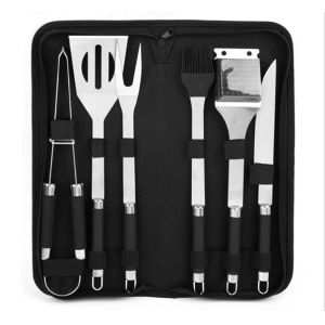 Quality BBQ Tools Set With Rollbag 6PCS Barbecue Tool With Soft Handle Black Color For Outdoor Tool for sale