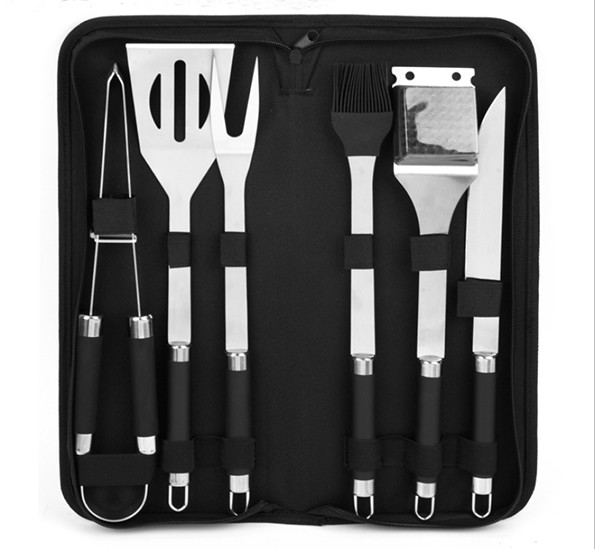 BBQ Tools Set With Rollbag 6PCS Barbecue Tool With Soft Handle Black Color For