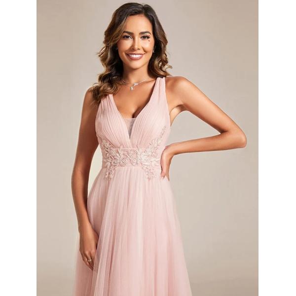 Charming Empire Beaded Sleeveless V-neck Ruffled Spaghetti Strap A-line Pink Tulle Evening Dress