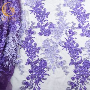 China OEM Handwork Purple Beaded French Lace Fabric Embroidered on sale