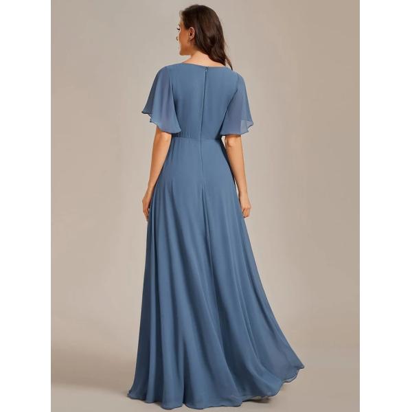 Sexy Empire Applique A-line Short Flutter Sleeves V-neck Invisible Zipper Dusty Navy Chiffon Prom Dress