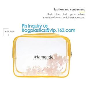 Trendy transparent PVC makeup bag with nylon handle, pvc hanging travel cosmetic