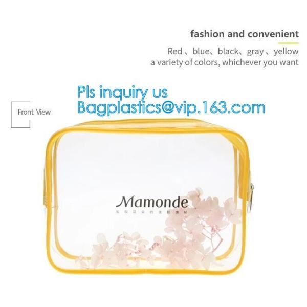 Trendy transparent PVC makeup bag with nylon handle, pvc hanging travel cosmetic makeup zipper bag, travel makeup organi