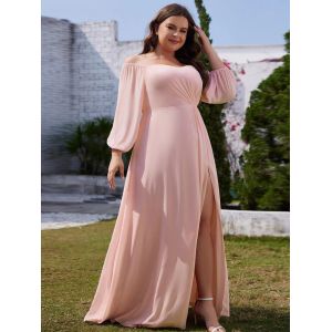 Plus Size Ruffled Sweetheart Neck Long-sleeved High Slit Pink Chiffon Off
