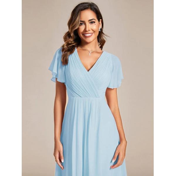 Chic V-neck High-low Short Flutter Sleeves A-line Ruffles Midi Invisible Zipper Sky Blue Chiffon Graduation Dress