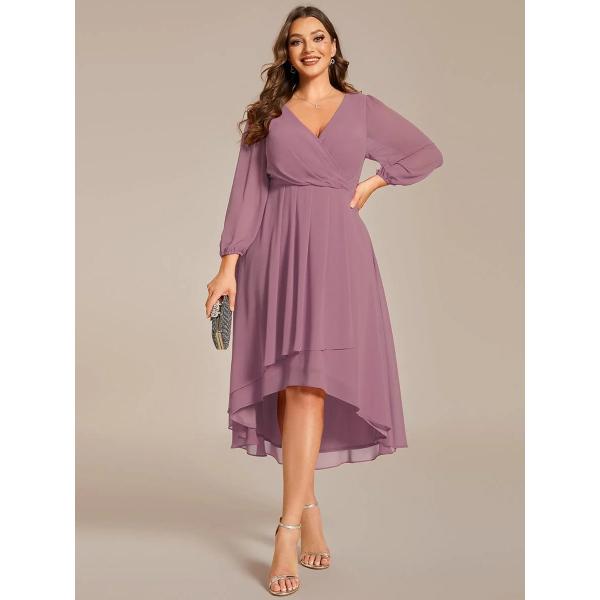 Elegant Empire Long Sleeve V-neck High Low A-line Ruffled Midi Purple Orchid Chiffon Wedding Guest Homecoming Dress
